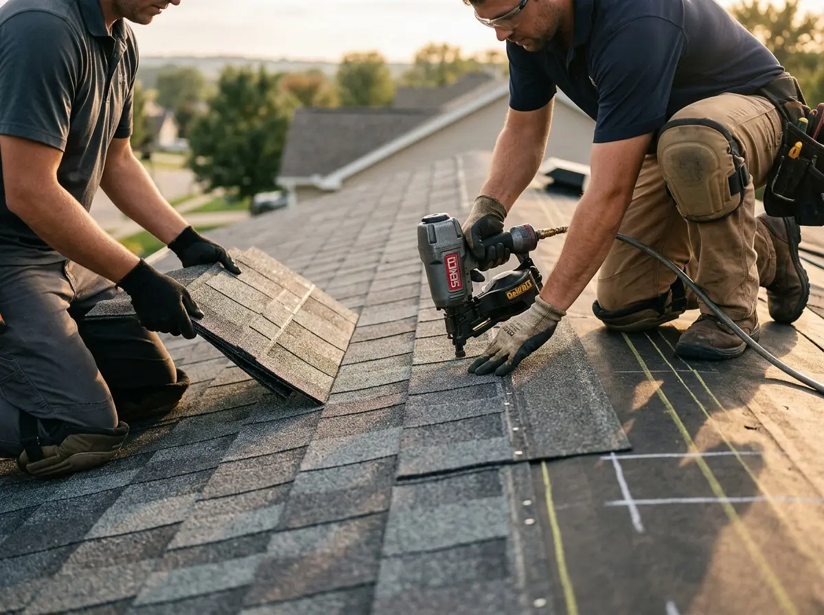 Professional roofer working on a residential roof in Lakeland Highlands